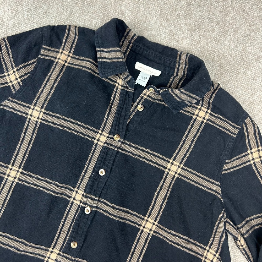 Canyon River Blues Flannel Shirt Womens Large Black Beige Plaid Cotton Button Up